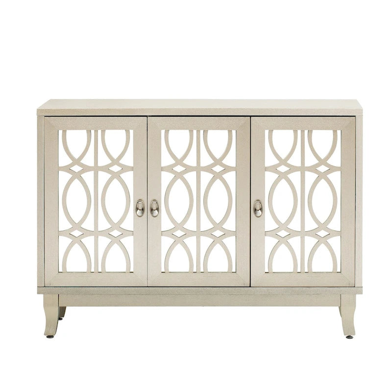 Buffet de salle à manger avec 3 portes en verre miroir et poignée argentée - 120 cm (L) x 39,6 cm (l) x 86,1 cm (H)