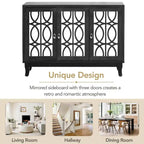 Sideboard Buffet Cabinet with 3 Mirrored Glass Doors and Silver Handle - 47.2L x 15.6W x 33.9H
