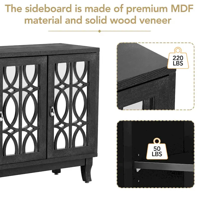 Sideboard Buffet Cabinet with 3 Mirrored Glass Doors and Silver Handle - 47.2L x 15.6W x 33.9H