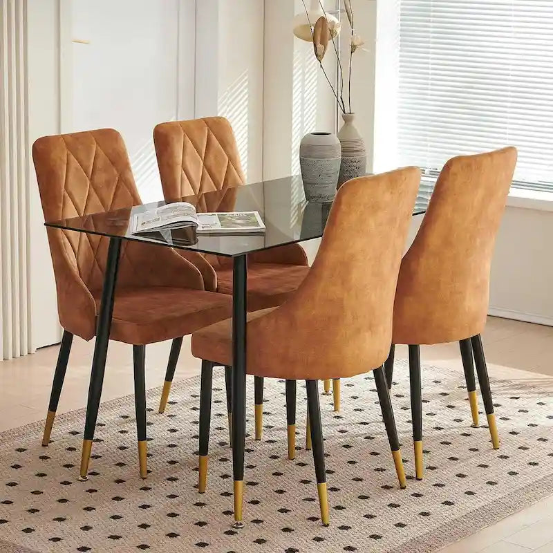 Howtai Grey Glass Table Set with 4 Velvet Chairs for Home Kitchen Dining Room