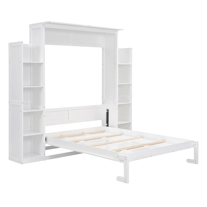 Full Size Wooden Murphy Bed Wall Bed with Shelves and LED Lights