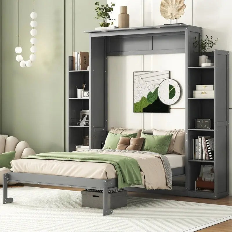 Full Size Wooden Murphy Bed Wall Bed with Shelves and LED Lights