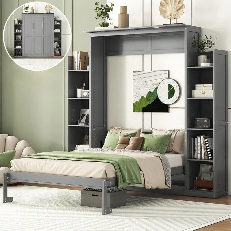 Full Size Wooden Murphy Bed Wall Bed with Shelves and LED Lights