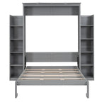 Full Size Wooden Murphy Bed Wall Bed with Shelves and LED Lights