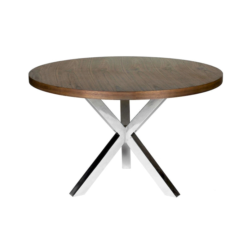 Table de salle à manger ronde Emi 47 pouces, acier brossé X-Cross, bois brun noyer