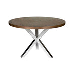 Table de salle à manger ronde Emi 47 pouces, acier brossé X-Cross, bois brun noyer