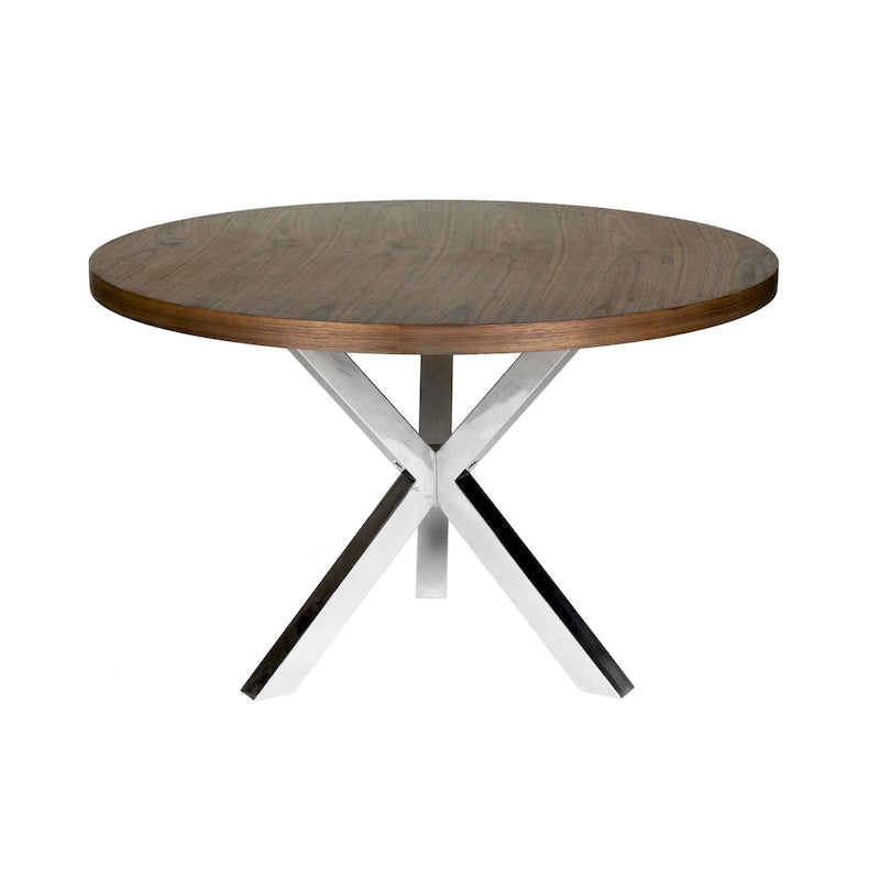 Emi 47 Inch Round Dining Table, X- Cross Brushed Steel, Walnut Brown Wood