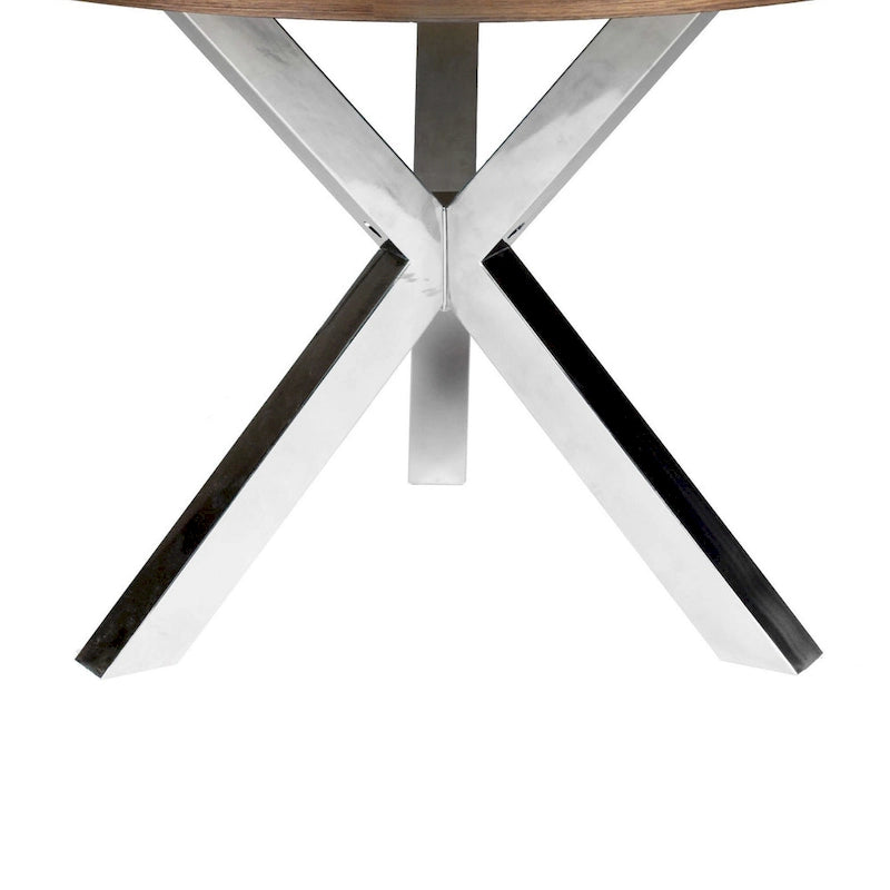Table de salle à manger ronde Emi 47 pouces, acier brossé X-Cross, bois brun noyer