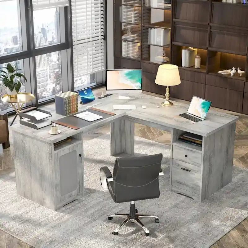 Modern Farmhouse L-Shape Desk with File Cabinet and Drawers, Homer Office Executive Desk with Charge Station