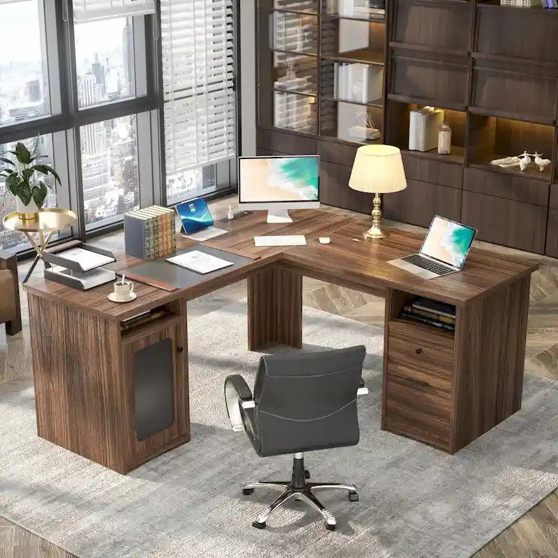Modern Farmhouse L-Shape Desk with File Cabinet and Drawers, Homer Office Executive Desk with Charge Station
