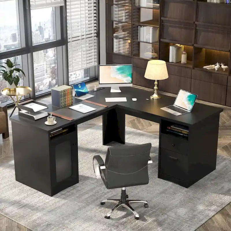 Modern Farmhouse L-Shape Desk with File Cabinet and Drawers, Homer Office Executive Desk with Charge Station