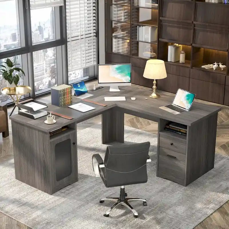 Modern Farmhouse L-Shape Desk with File Cabinet and Drawers, Homer Office Executive Desk with Charge Station