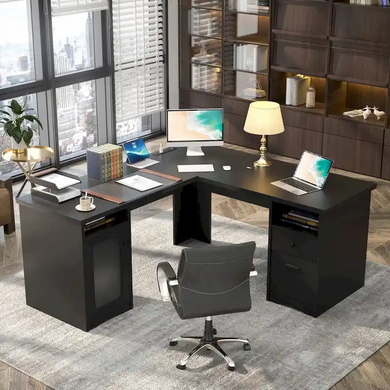 Modern Farmhouse L-Shape Desk with File Cabinet and Drawers, Homer Office Executive Desk with Charge Station