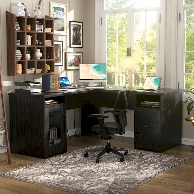 Modern Farmhouse L-Shape Desk with File Cabinet and Drawers, Homer Office Executive Desk with Charge Station