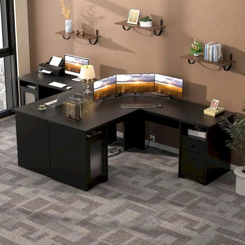 Modern Farmhouse L-Shape Desk with File Cabinet and Drawers, Homer Office Executive Desk with Charge Station