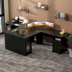 Modern Farmhouse L-Shape Desk with File Cabinet and Drawers, Homer Office Executive Desk with Charge Station