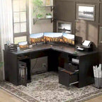 Modern Farmhouse L-Shape Desk with File Cabinet and Drawers, Homer Office Executive Desk with Charge Station