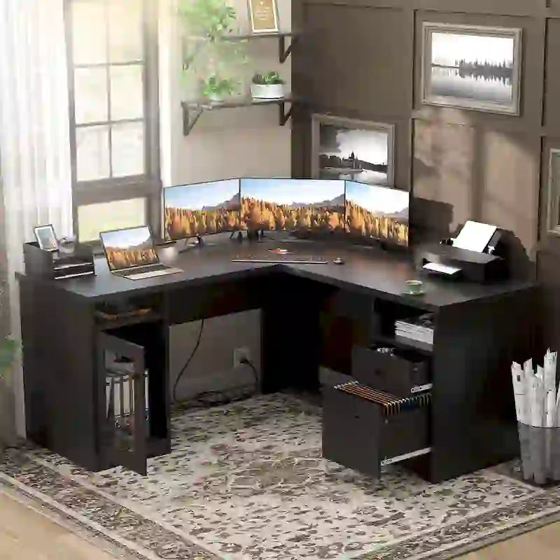Modern Farmhouse L-Shape Desk with File Cabinet and Drawers, Homer Office Executive Desk with Charge Station