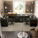 Modern Farmhouse L-Shape Desk with File Cabinet and Drawers, Homer Office Executive Desk with Charge Station