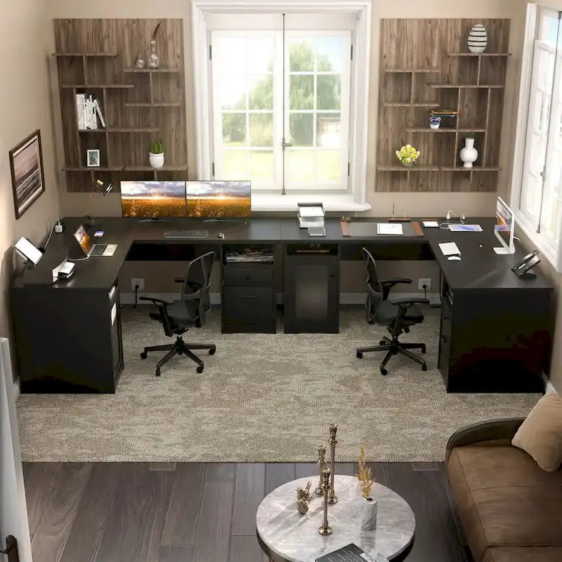 Modern Farmhouse L-Shape Desk with File Cabinet and Drawers, Homer Office Executive Desk with Charge Station