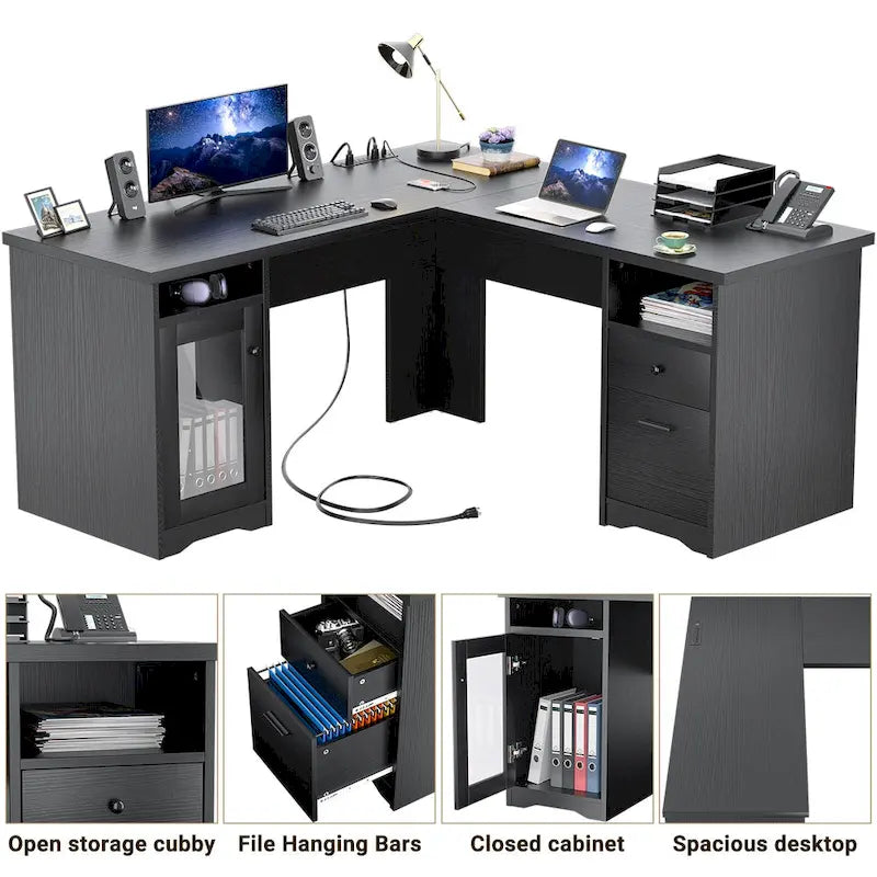 Modern Farmhouse L-Shape Desk with File Cabinet and Drawers, Homer Office Executive Desk with Charge Station