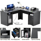 Modern Farmhouse L-Shape Desk with File Cabinet and Drawers, Homer Office Executive Desk with Charge Station