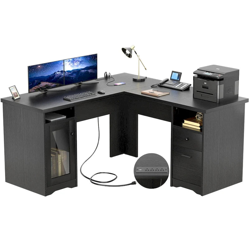 Modern Farmhouse L-Shape Desk with File Cabinet and Drawers, Homer Office Executive Desk with Charge Station
