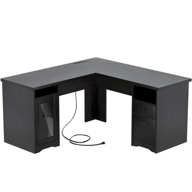 Modern Farmhouse L-Shape Desk with File Cabinet and Drawers, Homer Office Executive Desk with Charge Station