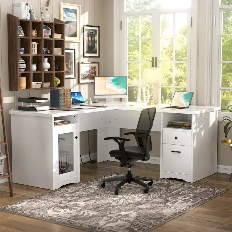 Modern Farmhouse L-Shape Desk with File Cabinet and Drawers, Homer Office Executive Desk with Charge Station