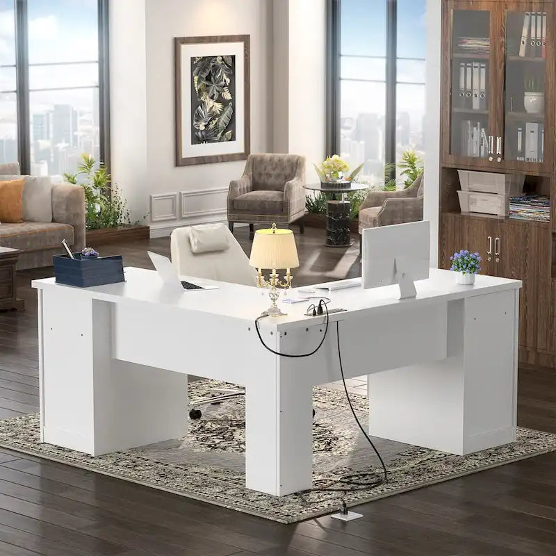 Modern Farmhouse L-Shape Desk with File Cabinet and Drawers, Homer Office Executive Desk with Charge Station