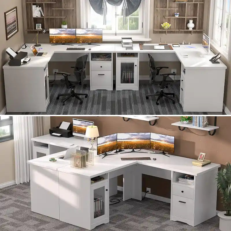 Modern Farmhouse L-Shape Desk with File Cabinet and Drawers, Homer Office Executive Desk with Charge Station