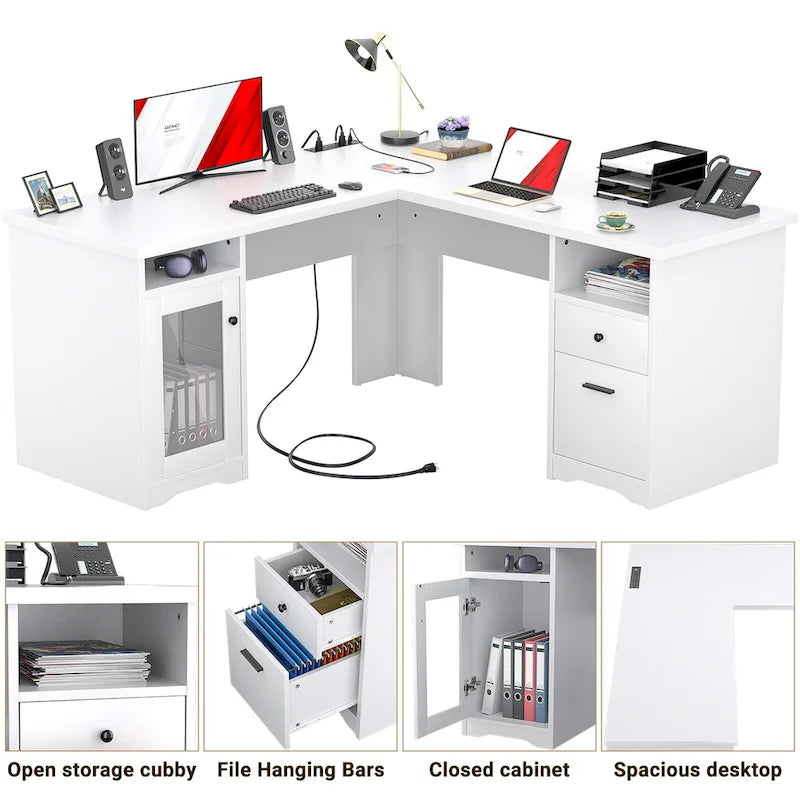 Modern Farmhouse L-Shape Desk with File Cabinet and Drawers, Homer Office Executive Desk with Charge Station