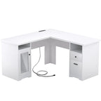 Modern Farmhouse L-Shape Desk with File Cabinet and Drawers, Homer Office Executive Desk with Charge Station