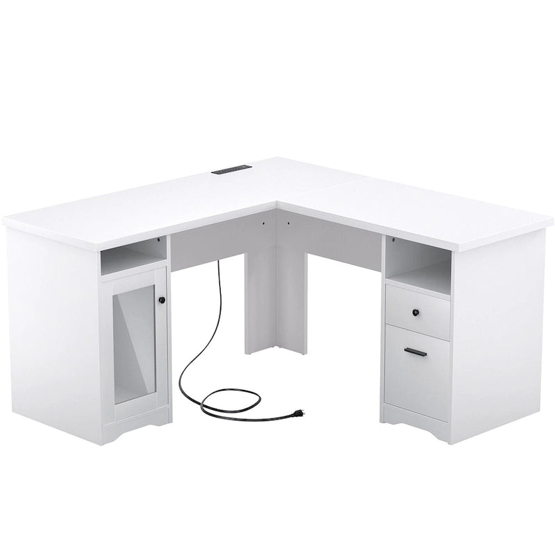 Modern Farmhouse L-Shape Desk with File Cabinet and Drawers, Homer Office Executive Desk with Charge Station