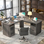 Modern Farmhouse L-Shape Desk with File Cabinet and Drawers, Homer Office Executive Desk with Charge Station