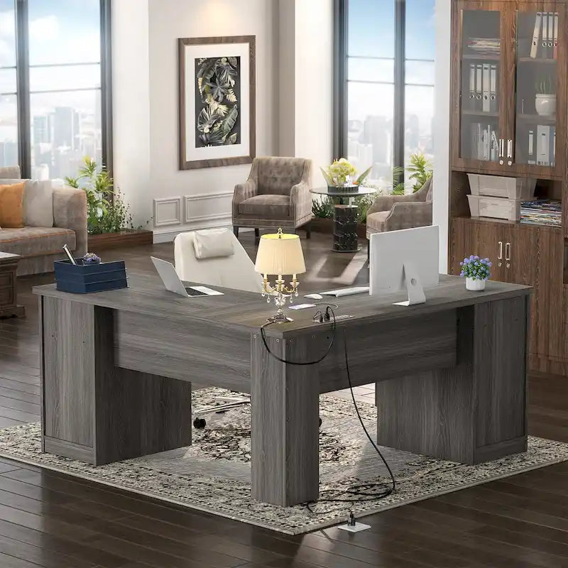 Modern Farmhouse L-Shape Desk with File Cabinet and Drawers, Homer Office Executive Desk with Charge Station