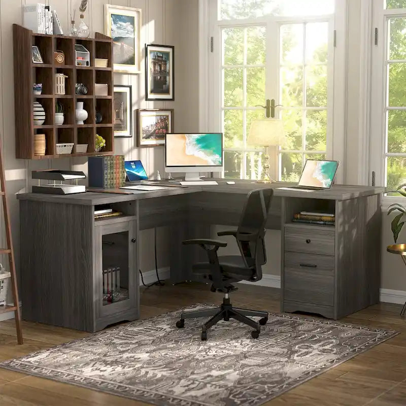 Modern Farmhouse L-Shape Desk with File Cabinet and Drawers, Homer Office Executive Desk with Charge Station