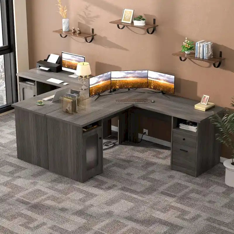 Modern Farmhouse L-Shape Desk with File Cabinet and Drawers, Homer Office Executive Desk with Charge Station