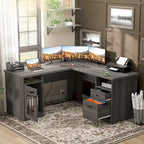 Modern Farmhouse L-Shape Desk with File Cabinet and Drawers, Homer Office Executive Desk with Charge Station