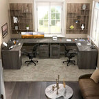 Modern Farmhouse L-Shape Desk with File Cabinet and Drawers, Homer Office Executive Desk with Charge Station