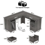 Modern Farmhouse L-Shape Desk with File Cabinet and Drawers, Homer Office Executive Desk with Charge Station