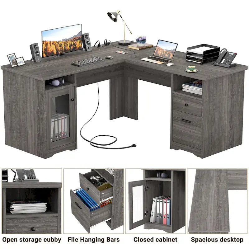 Modern Farmhouse L-Shape Desk with File Cabinet and Drawers, Homer Office Executive Desk with Charge Station