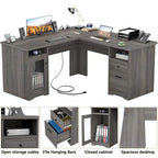 Modern Farmhouse L-Shape Desk with File Cabinet and Drawers, Homer Office Executive Desk with Charge Station