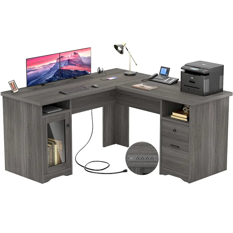 Modern Farmhouse L-Shape Desk with File Cabinet and Drawers, Homer Office Executive Desk with Charge Station