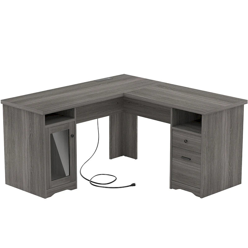 Modern Farmhouse L-Shape Desk with File Cabinet and Drawers, Homer Office Executive Desk with Charge Station