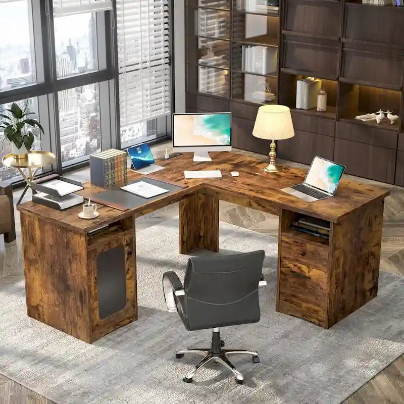 Modern Farmhouse L-Shape Desk with File Cabinet and Drawers, Homer Office Executive Desk with Charge Station