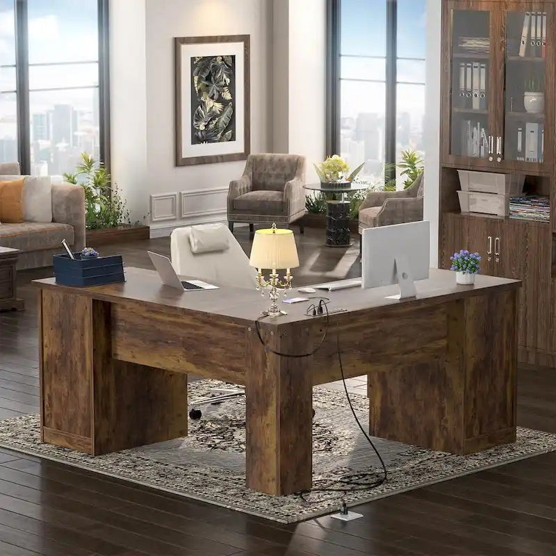 Modern Farmhouse L-Shape Desk with File Cabinet and Drawers, Homer Office Executive Desk with Charge Station