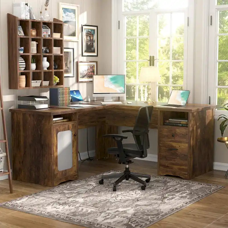Modern Farmhouse L-Shape Desk with File Cabinet and Drawers, Homer Office Executive Desk with Charge Station