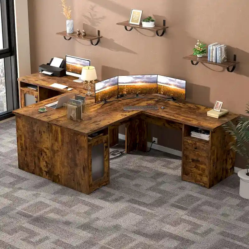 Modern Farmhouse L-Shape Desk with File Cabinet and Drawers, Homer Office Executive Desk with Charge Station