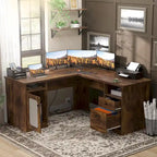 Modern Farmhouse L-Shape Desk with File Cabinet and Drawers, Homer Office Executive Desk with Charge Station